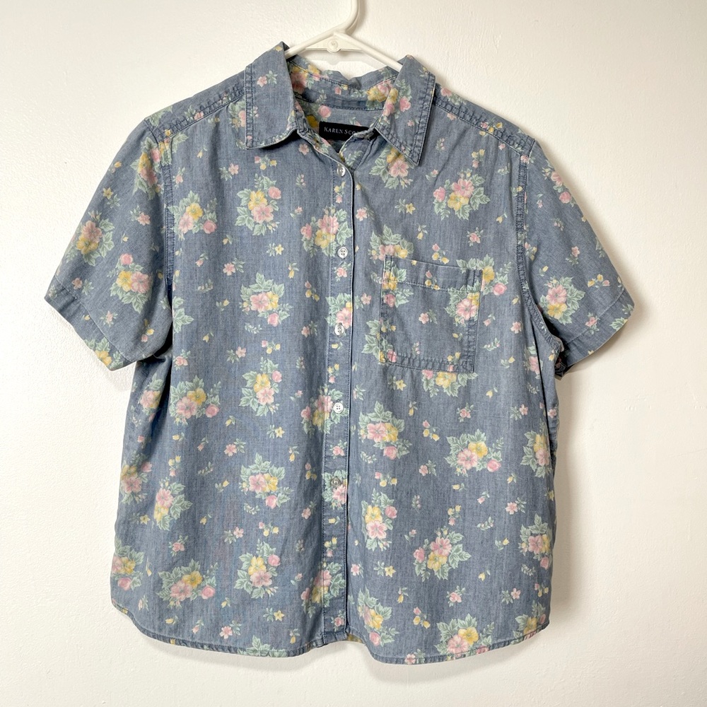 Karen Scott Flowers Print Button Down Short Sleeves Top Size L